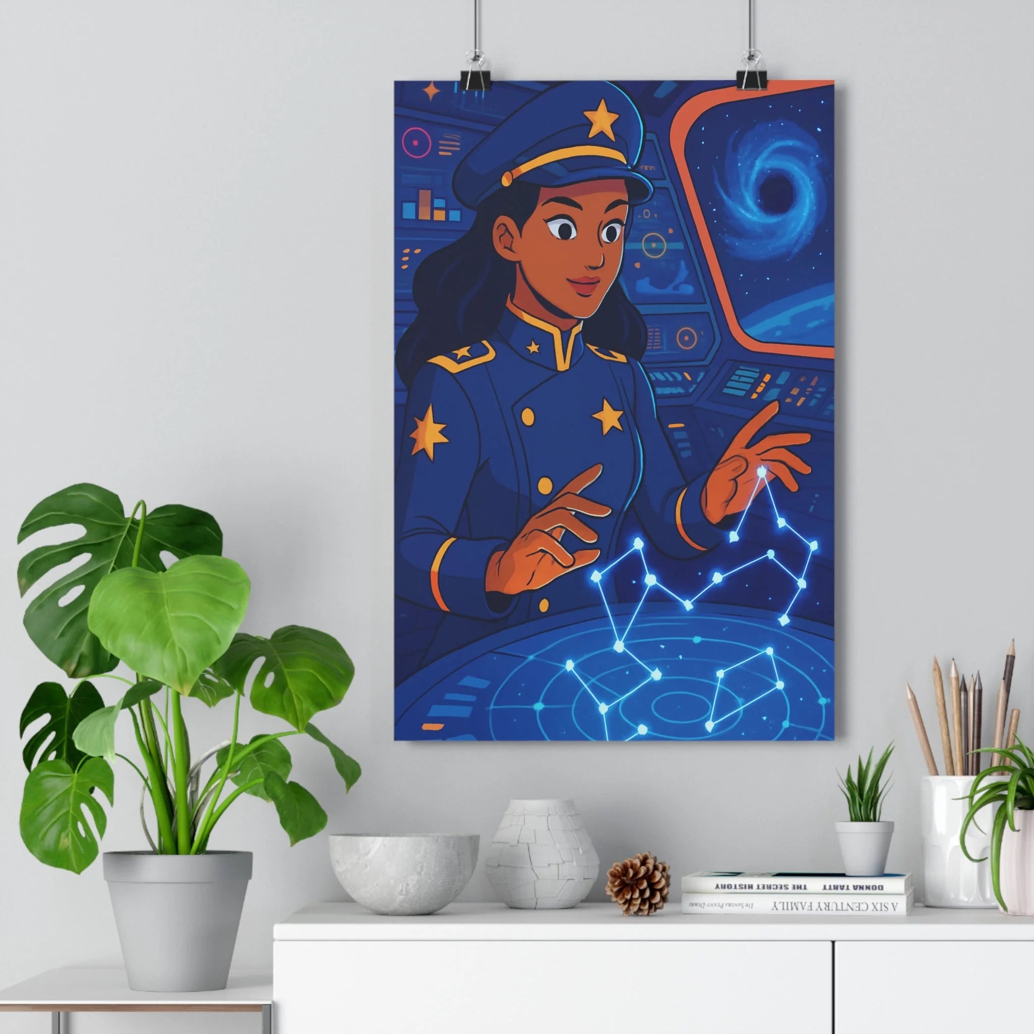 Poster décoratif exploratrice bleu orange futuriste cartoon aventure salon bureau moderne captivant constellation rétro