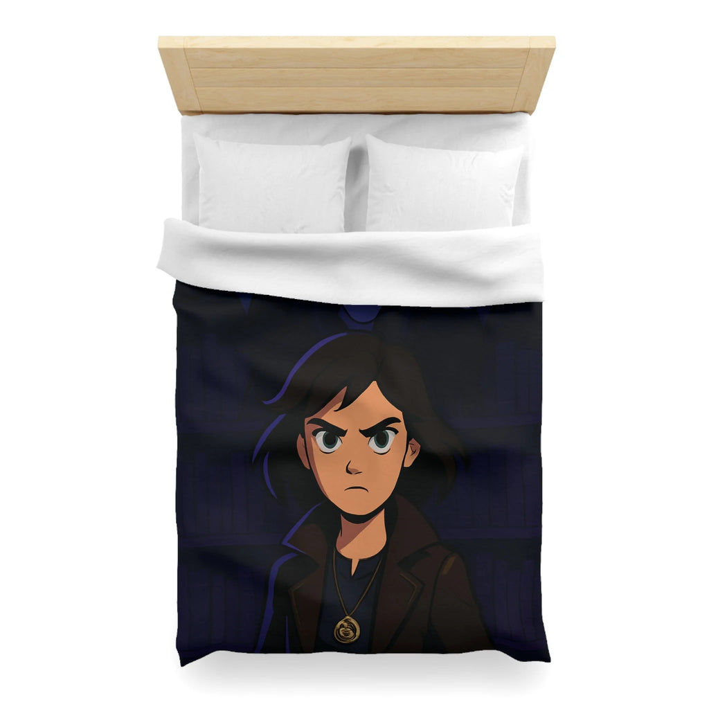 Housse de couette mystérieuse avec personnage sombre et biblio-thème style graphique