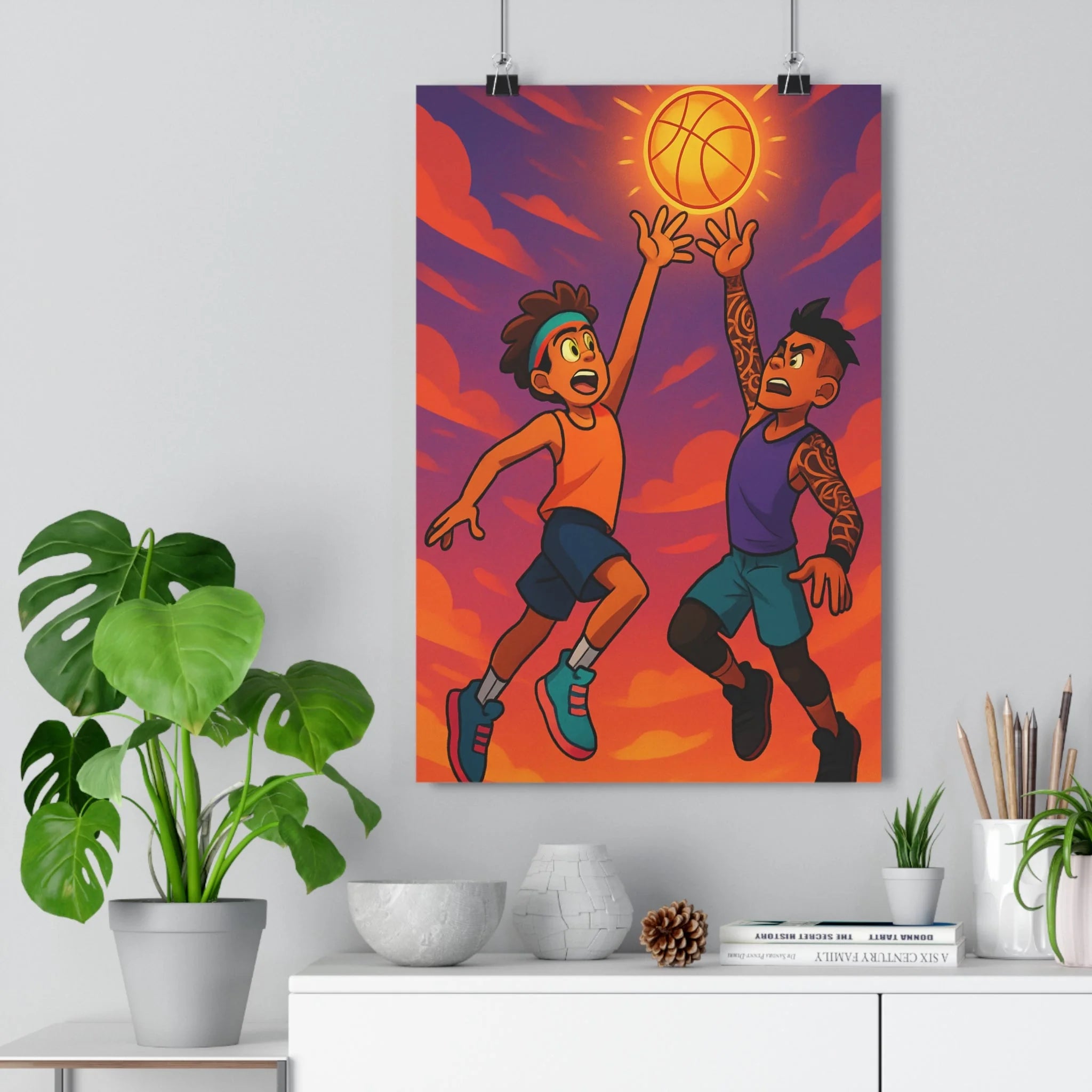 Poster décoratif animation vibrant coucher soleil orange violet sportif dynamique chambre moderne design mur