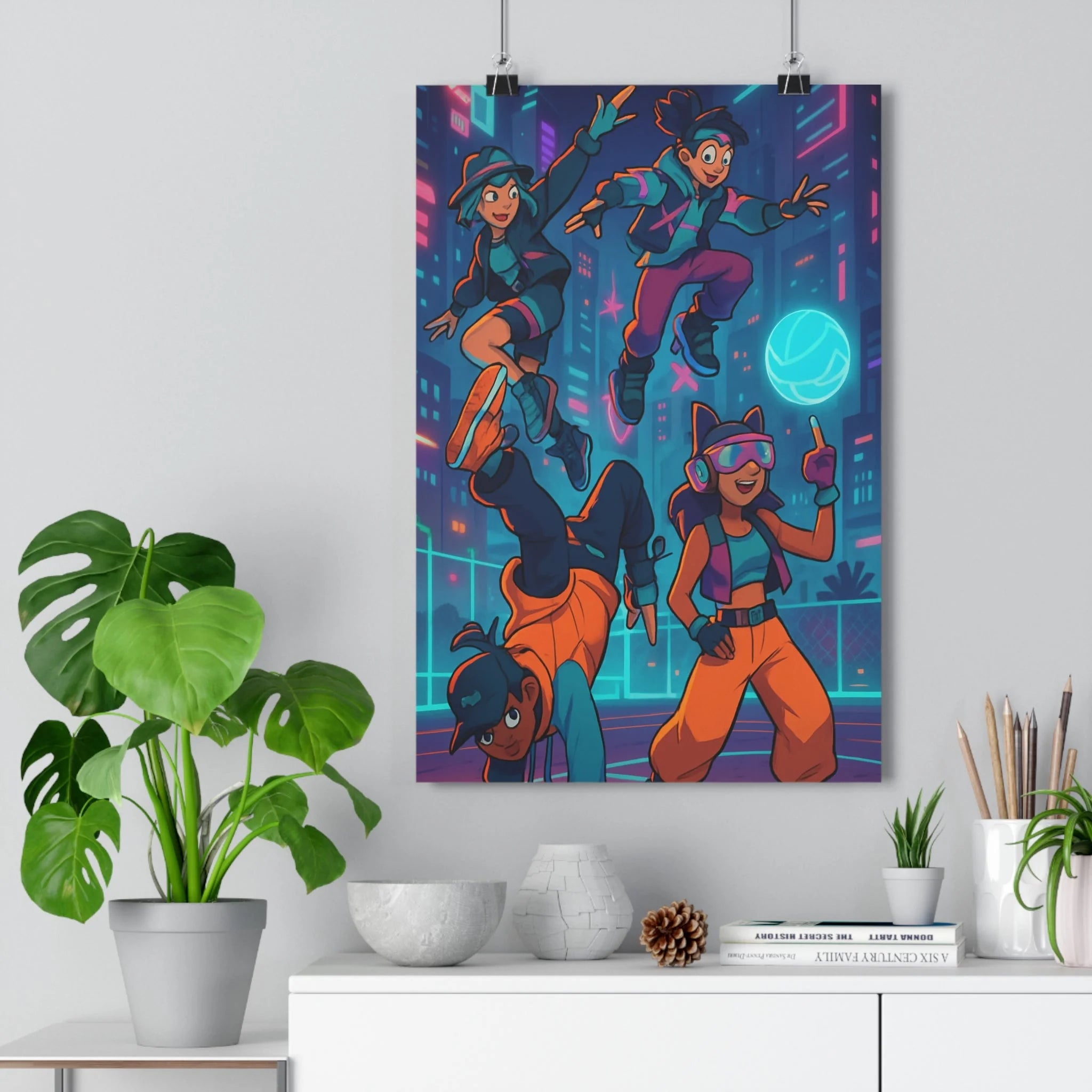 Poster décoratif cartoon urbain néon bleu rose dynamique sportif chambre salon moderne vibrant qualité