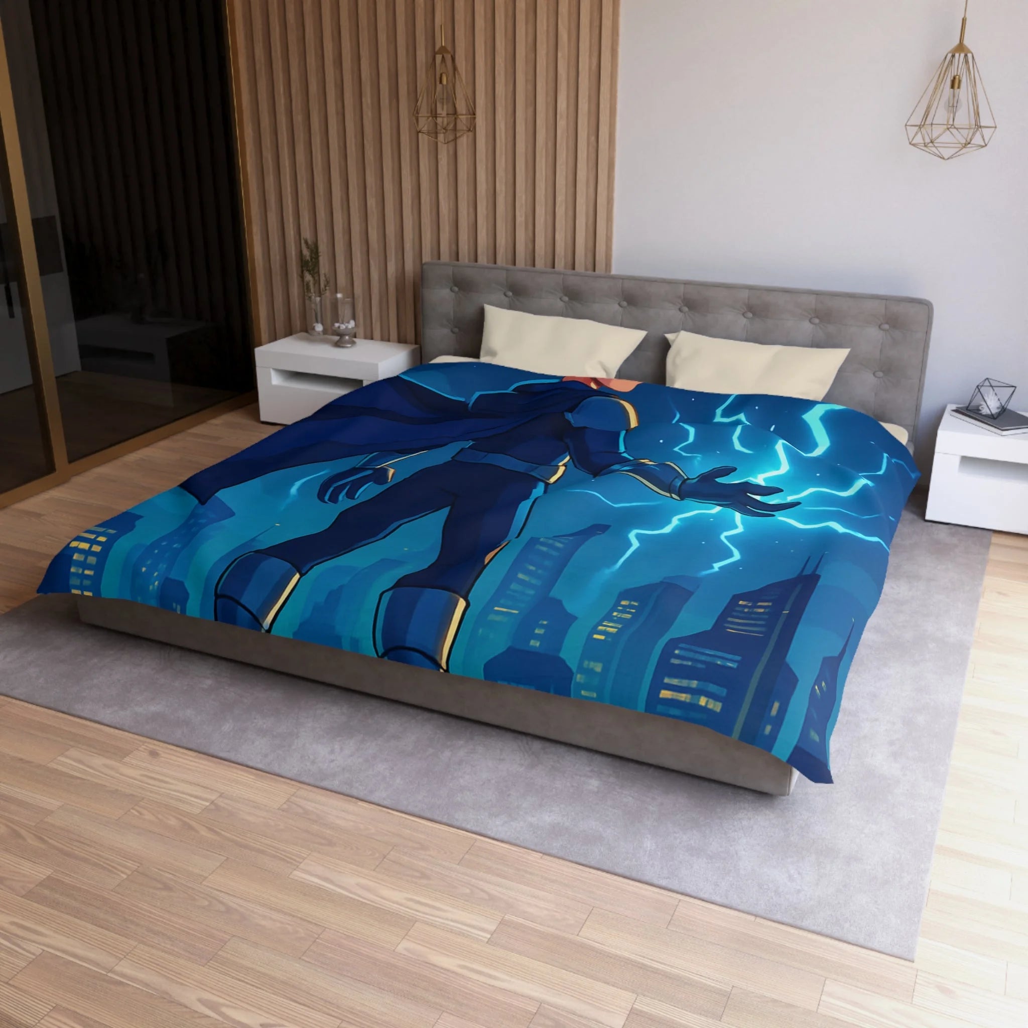 Housse de couette super-héros nocturne avec pouvoirs électriques et drones futuristes urbains