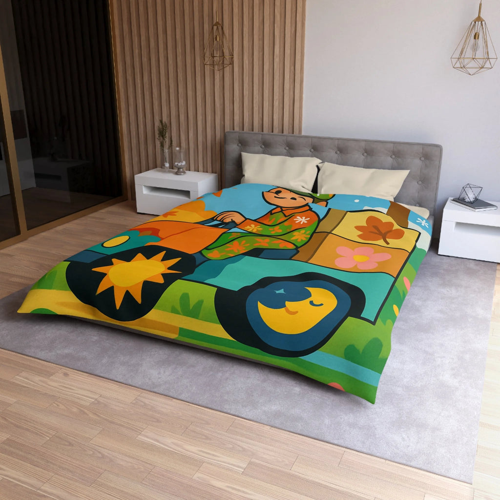 Housse de Couette Paisible Illustrant un Paysage Automnal avec Motifs Floraux et Naturels