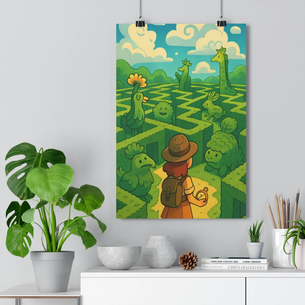 Poster décoratif animé vert jaune aventure fantastique enfant chambre mystique illustration créature magique rêve