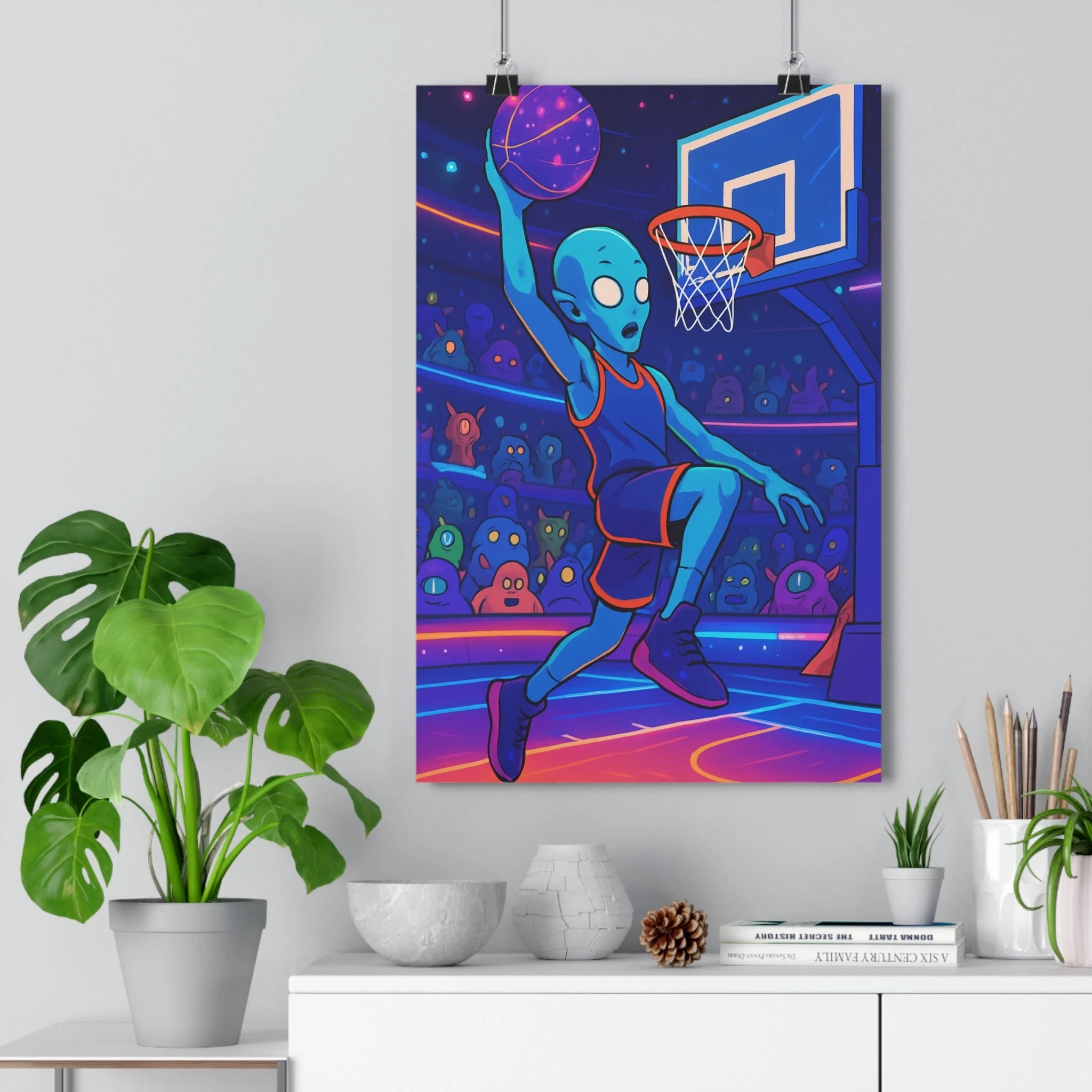 Poster décoratif basket extraterrestre bleu violet dessin animé futuriste enfant coloré ambiance joyeuse unique
