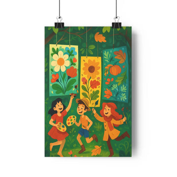 Poster joyeux enfants palette danse fleurs feuilles fruits vert jaune rouge cartoon festif chambre salon