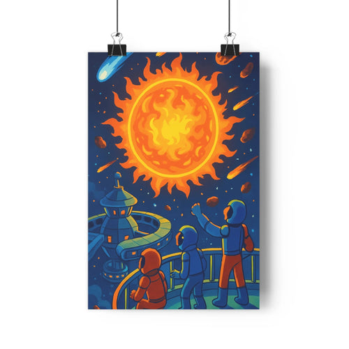 Poster astronautes spatiaux soleil flamme étoiles planètes météore tour espace bleu rouge noir graphique exploration ambiance chambre salon bureau