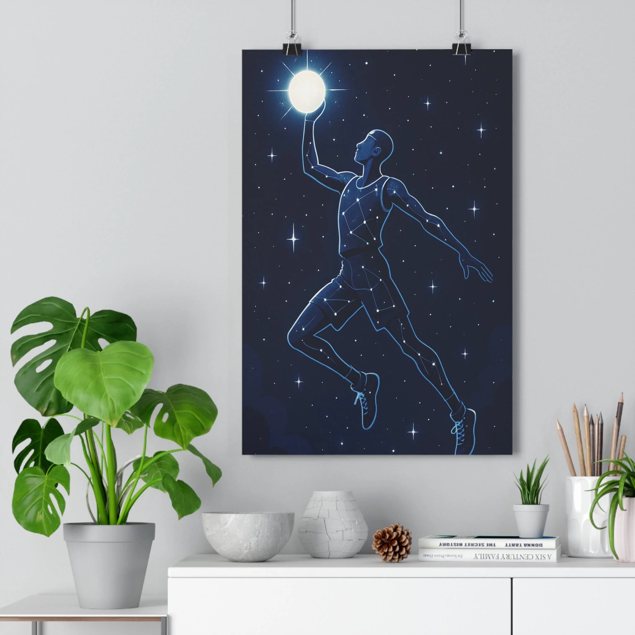 Poster décoratif basketball cartoon bleu nuit blanc éclatant sport athlétique chambre salon moderne mystique