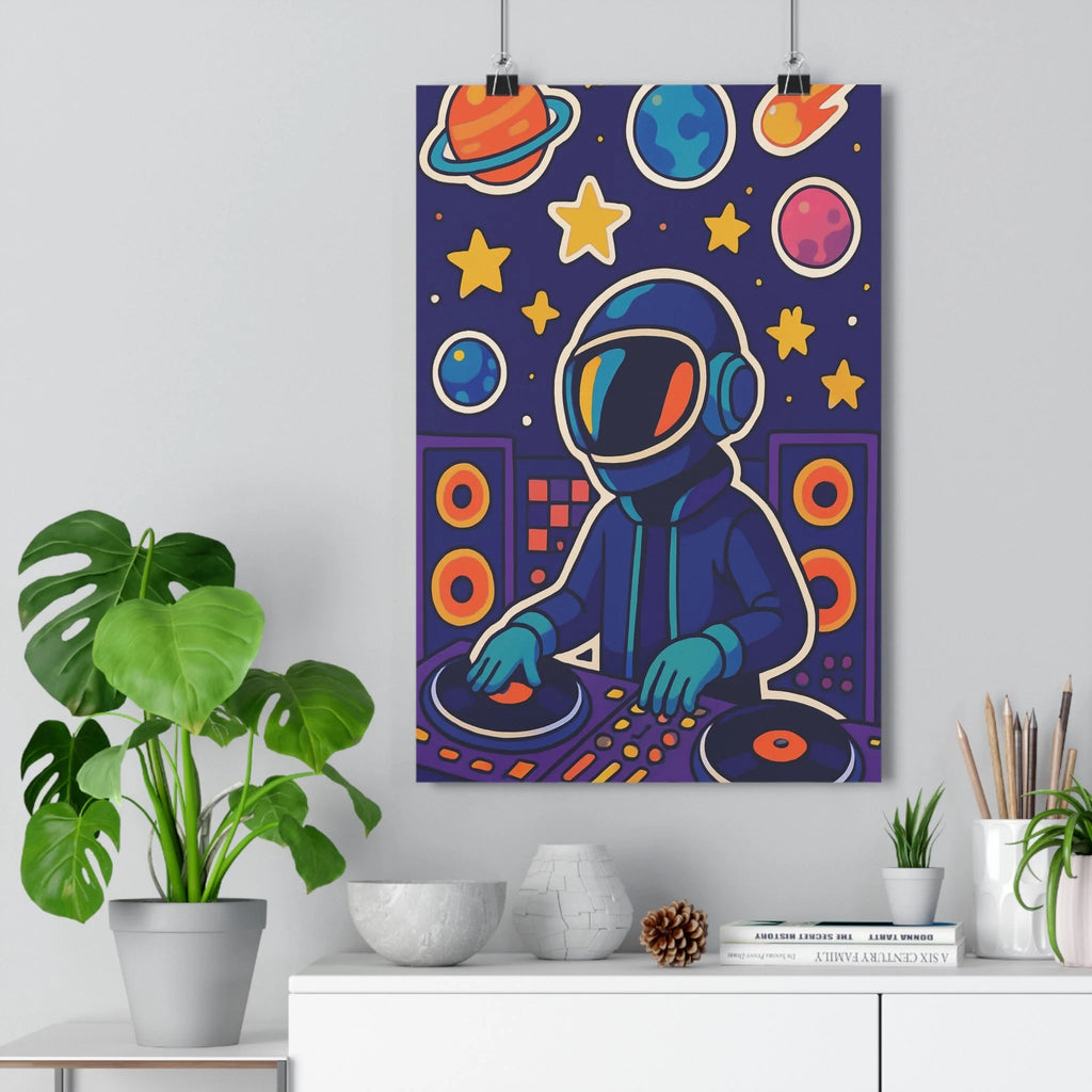Poster décoratif futuriste espace bleu orange jaune dynamique chambre créatif personnage casque galactique 30x46