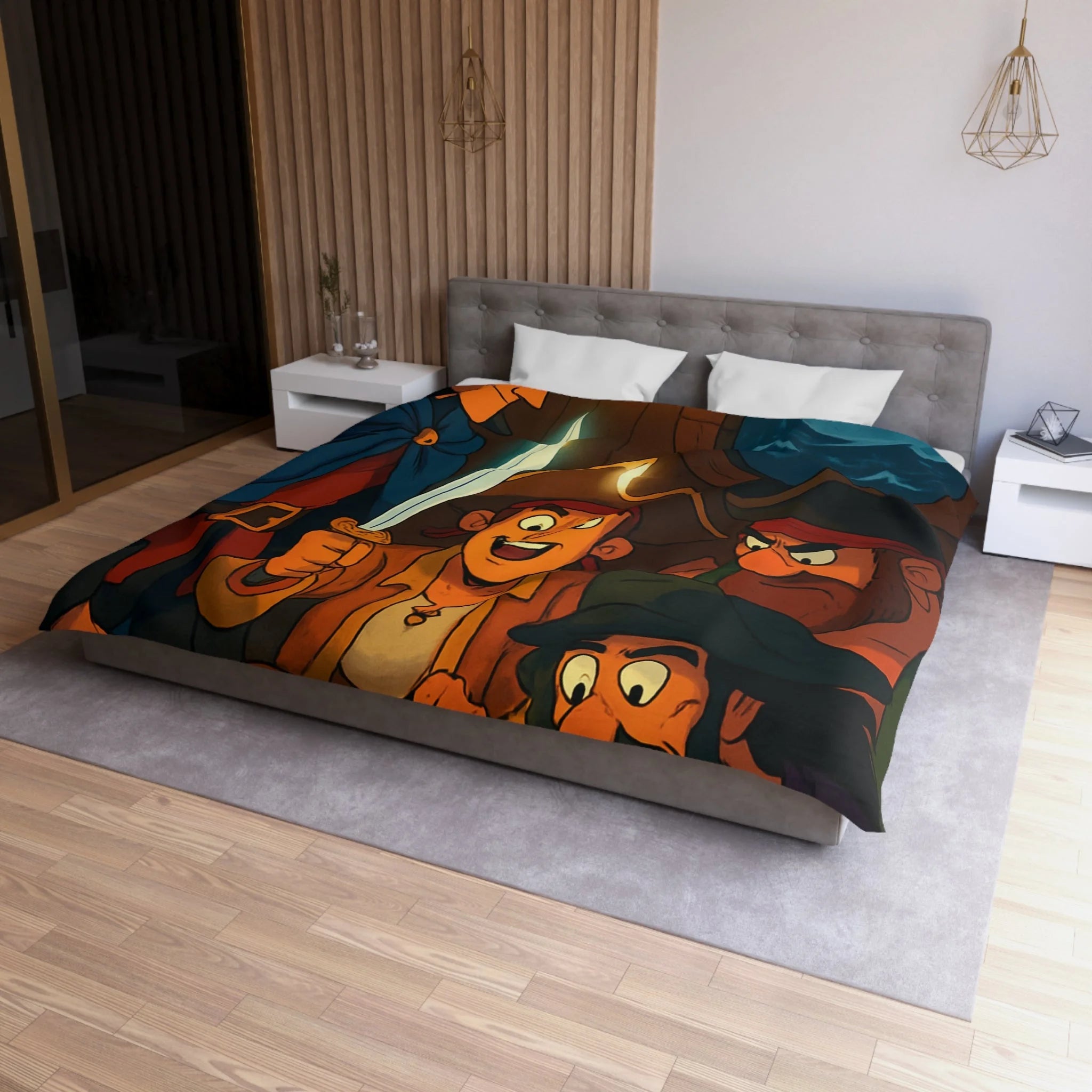 Housse de Couette Pirate Cartoon avec Carte Trésor et Équipage Sous Lampe