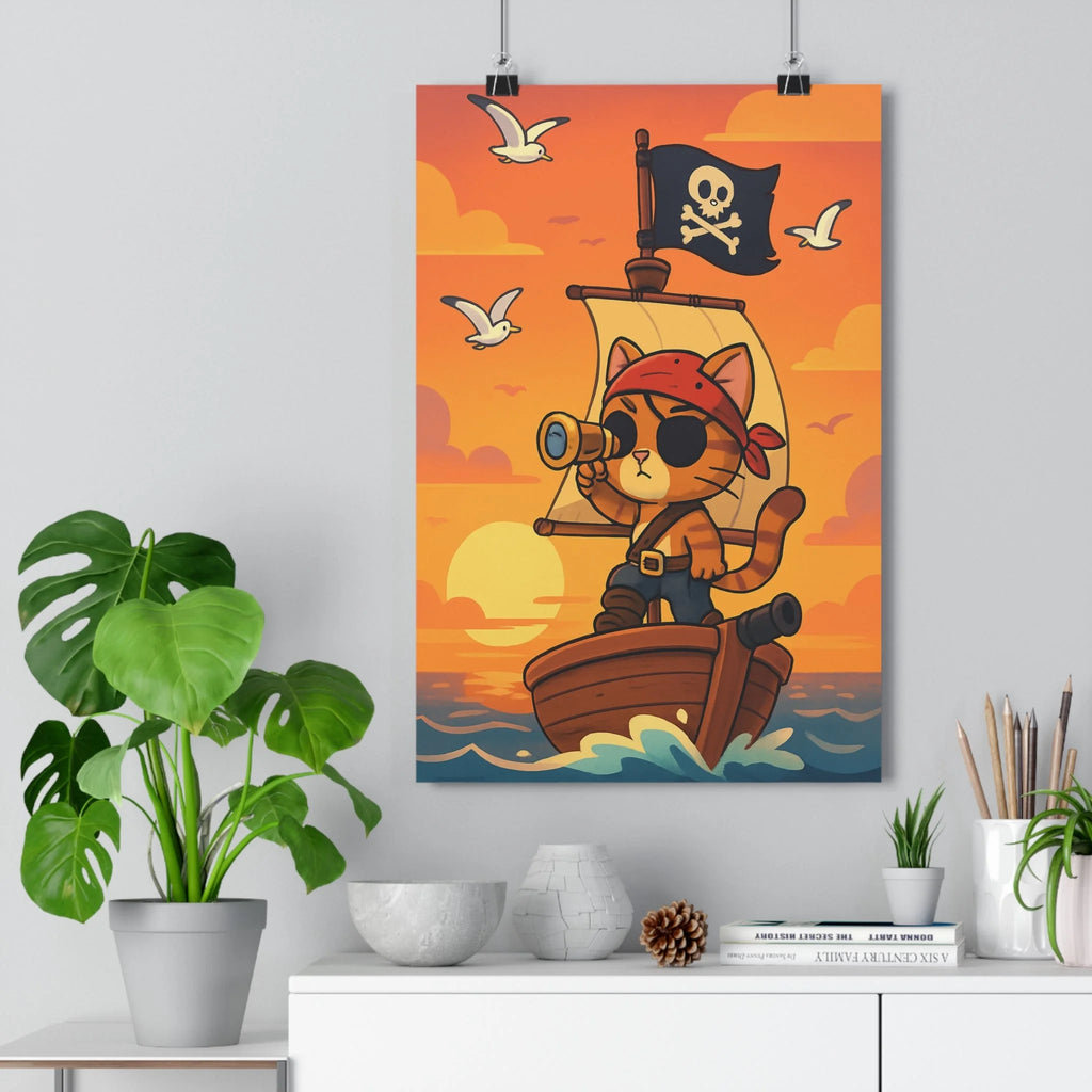 Poster décoratif aventure chaton pirate rouge cartoon enfant bois coucher soleil bandana qualité qualité