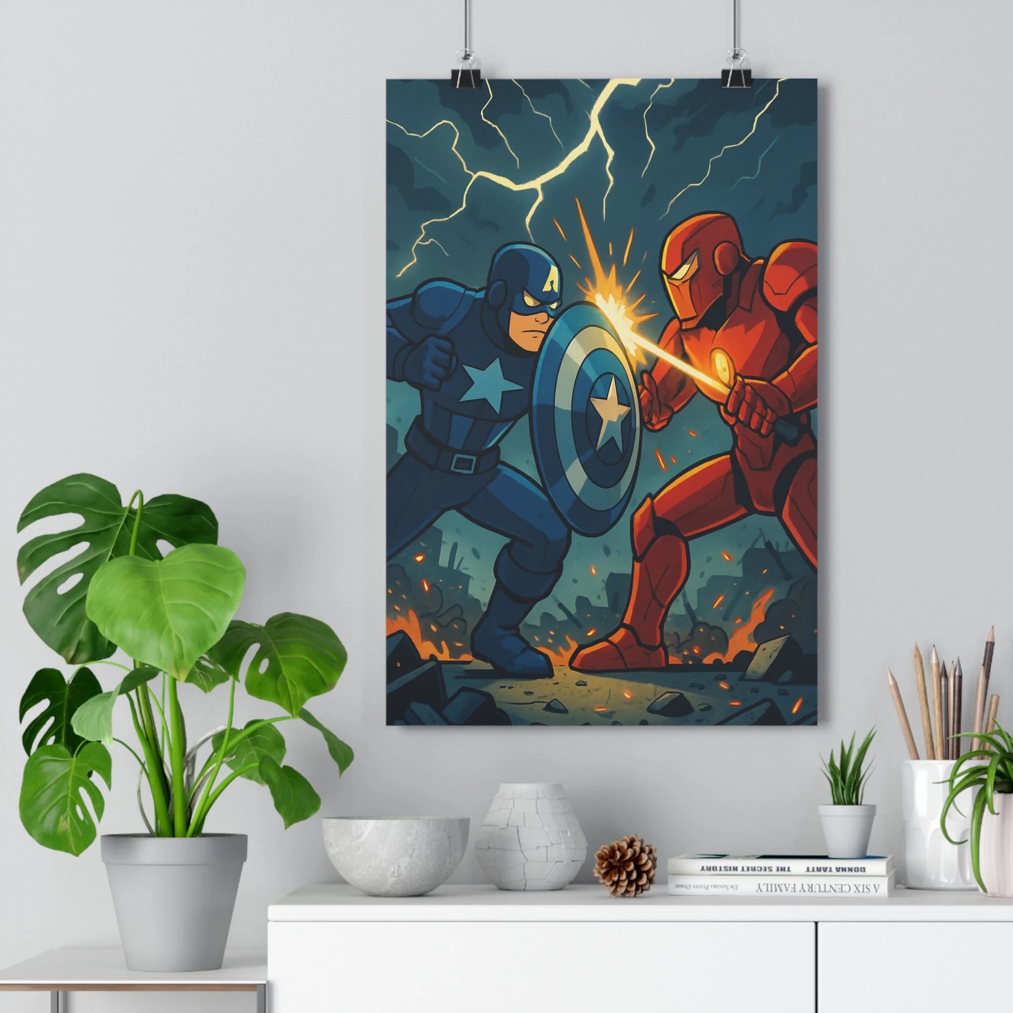 Poster décoratif cartoon épique bleu rouge chambre enfant aventure dynamique héros bataille confrontation éclairs