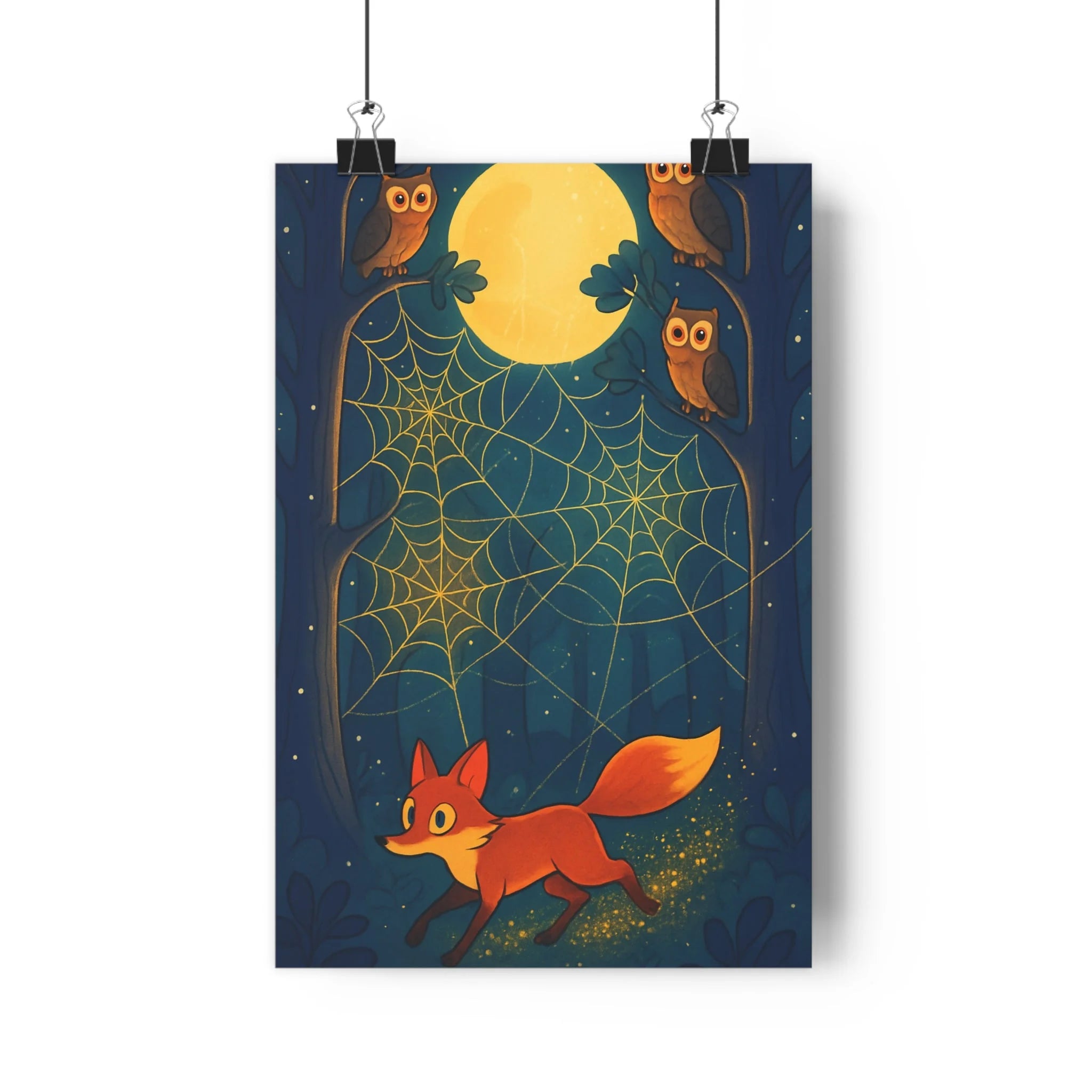 Poster décoratif mystique renard orange hiboux forêt nocturne cartoon chambre salon nature éclairage lumineux