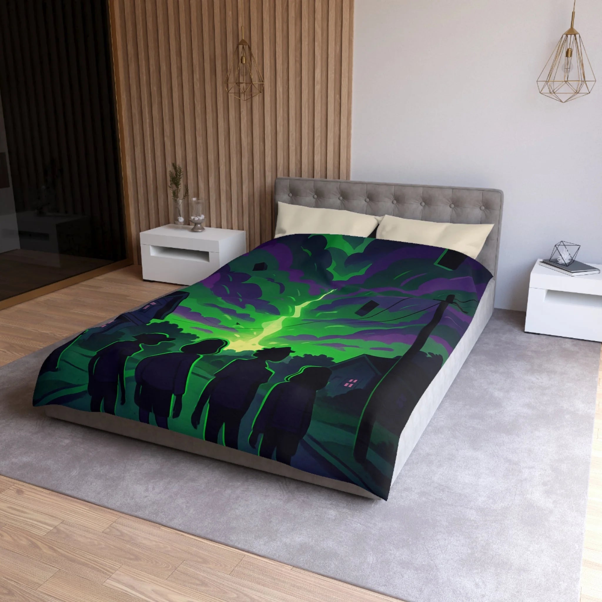 Housse de couette pour chambre avec ciel nocturne mystérieux et silhouettes d'enfants