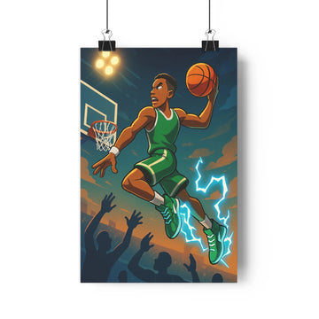 Poster sportif basket saut nuages nocturnes lumières dorées spectateurs célébration couleur verte magie éclair chaussures énergétique dynamique chambre salon