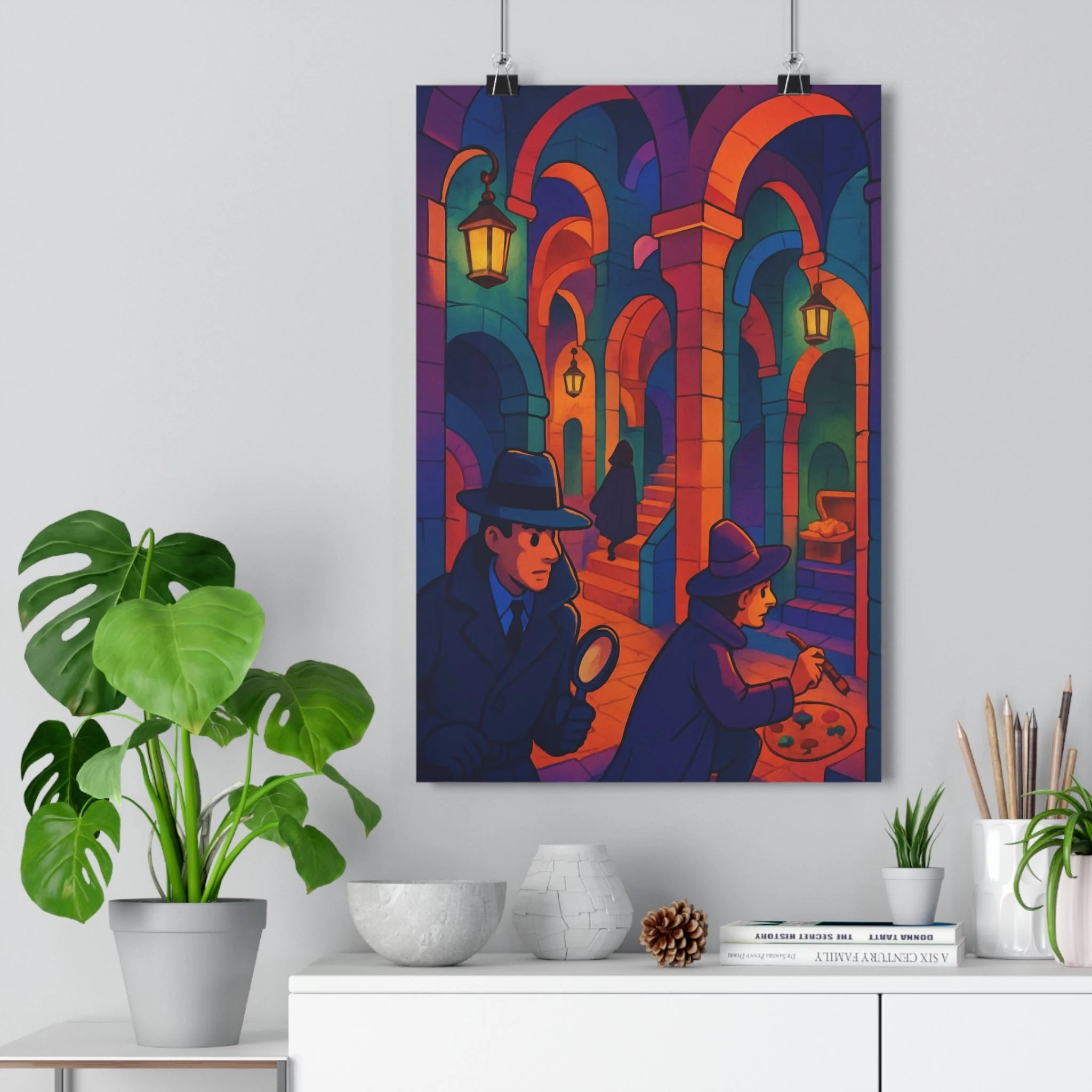 Poster décoratif mystère souterrain bleu violet orange enquête détectives art captivant ambiance salon bureau