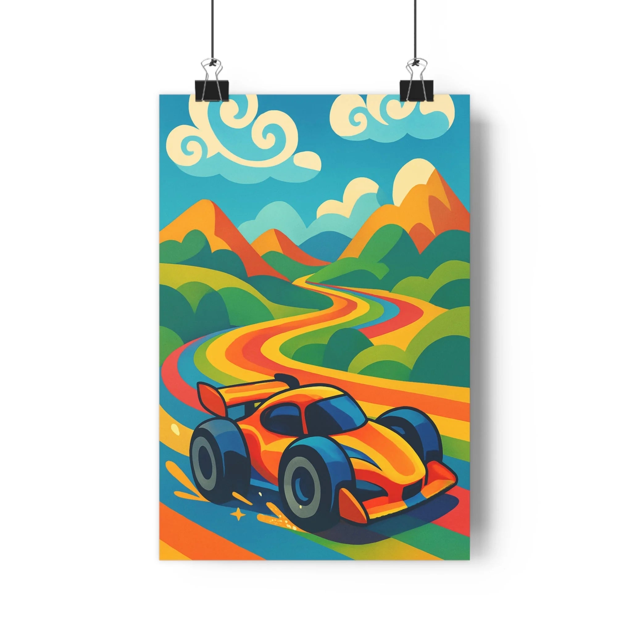 Poster décoratif voiture course dynamique arcenciel cartoon joyeux chambre salon enfant coloré vibrant qualité