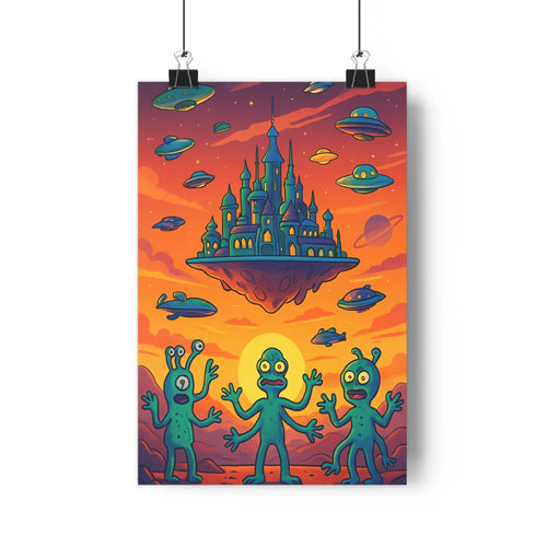 Poster extraterrestres château flottant ovnis soleil couchant nuages planets ambiance fantastique cartoon couleur vive chambre salon