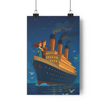 Poster paquebot nuit étoile homme femme vague mer bleue lumière dorée oiseau vol style cartoon détails romantique paisible chambre salon