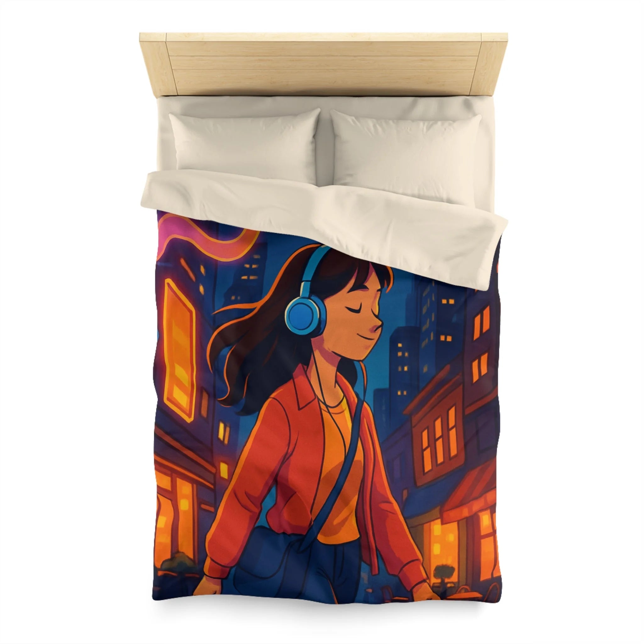 Housse de couette urbaine avec illustration vibrante de nuit et ambiance musicale