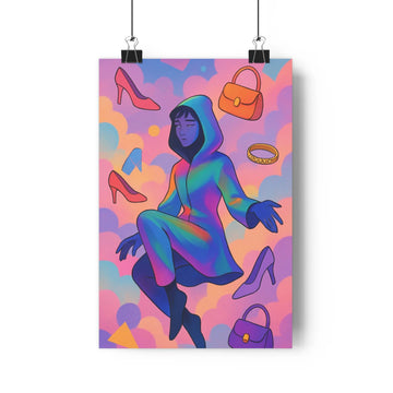 Poster moderne femme robe couleur nuages roses bleus accessoires mode talons hauts sac main bague ambiance festive élégante salon chambre