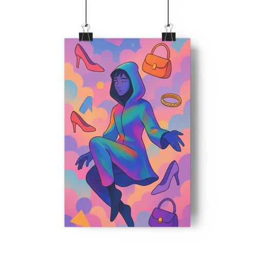 Poster moderne femme robe couleur nuages roses bleus accessoires mode talons hauts sac main bague ambiance festive élégante salon chambre