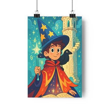 Poster sorcier joyeux baguette chapeau étoilé cape dorée corbeau château pierre blanche ciel nocturne étoiles magique fantastique cartoon chambre enfants