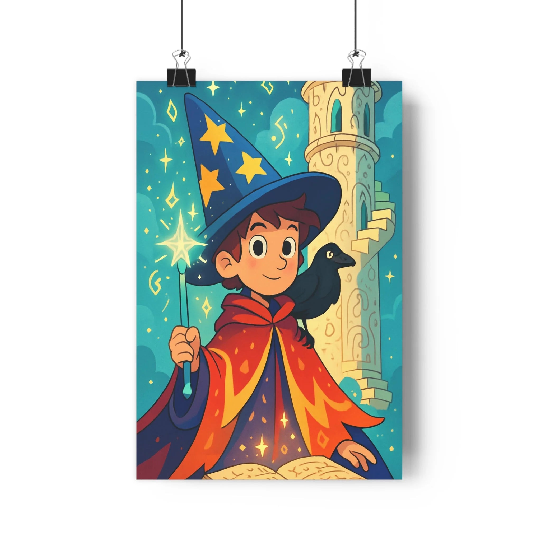 Poster décoratif sorcier mystique enfant dessin animé bleu rouge magie chambre 30x46 féerique corbeau