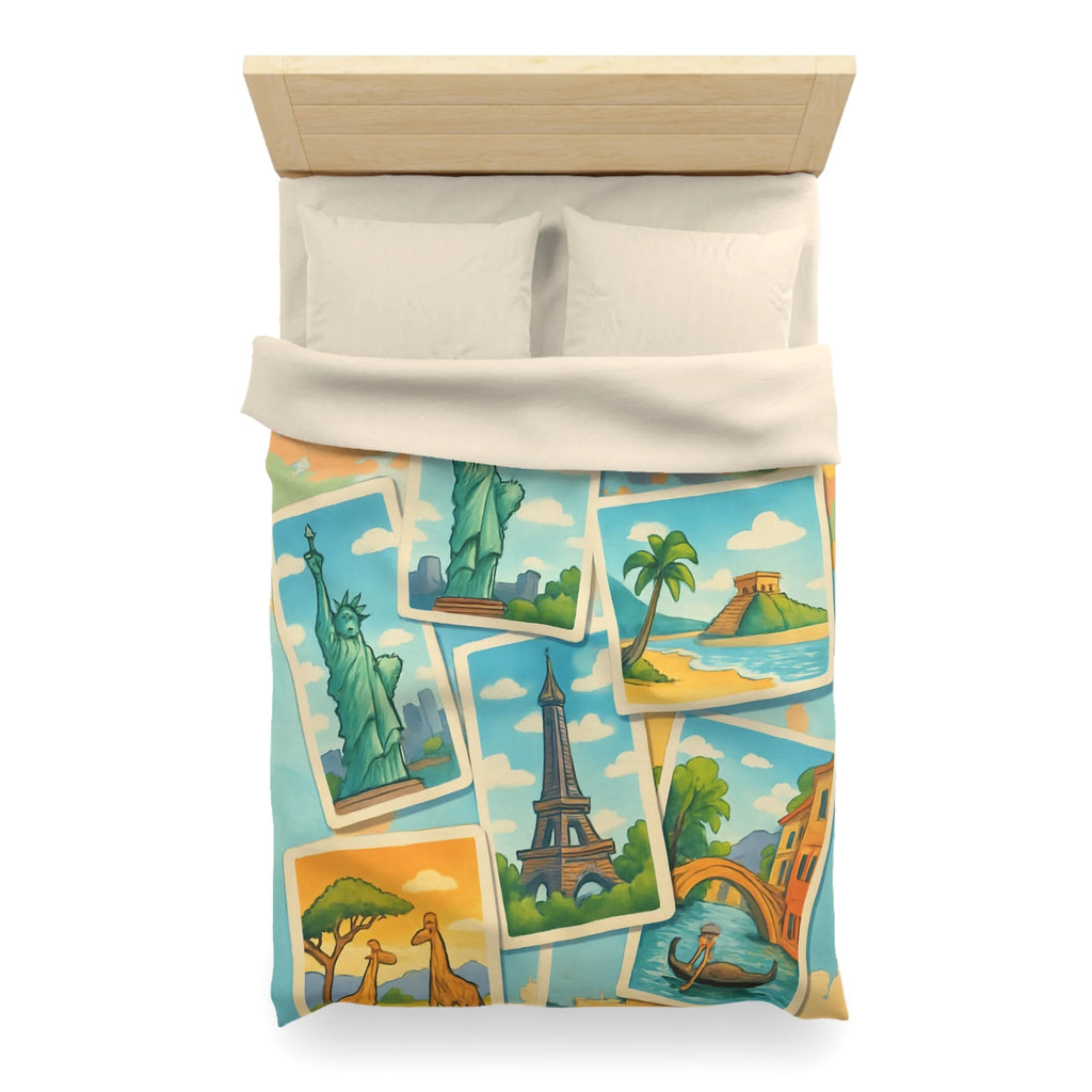 Voyage Mondial Coloré: Housse de Couette avec Monuments et Paysages Iconiques des Continents