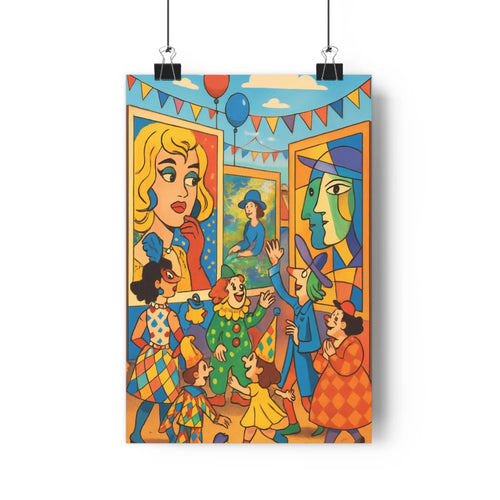 Poster carnaval femme blonde robe bleue personnages costumés ballons guirlandes drapeaux ambiance festive couleurs vives style populaire contours nets chambre