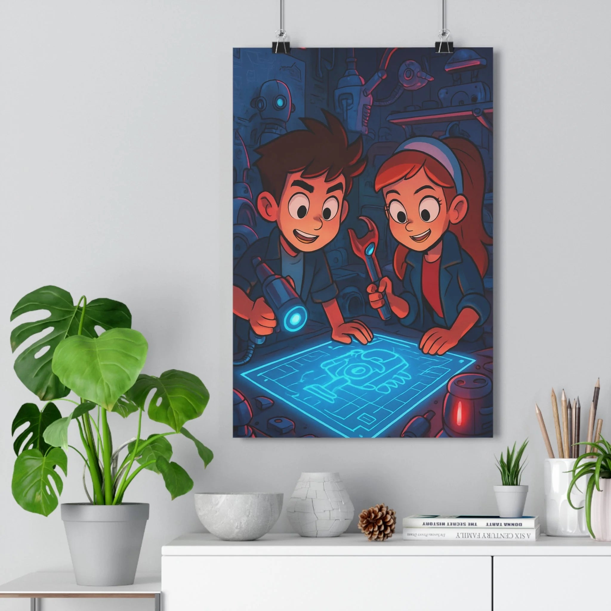 Poster décoratif dessin animé futuriste rétro bleu rouge chambre enfant créativité dynamique inspiration 30x46