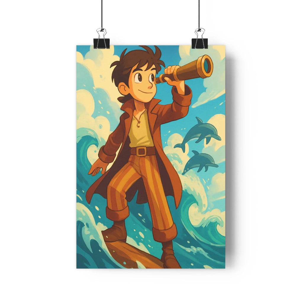 Poster aventure marine explorateur dauphins nuages vagues cartoon ombres douces couleurs pastel ambiance légère chambre bureau