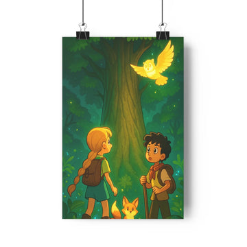 Poster enfants foret nuit oiseau lumineux animal renard sac dos bâtonnet aventures mystiques contours nets style cartoon doux détails verte