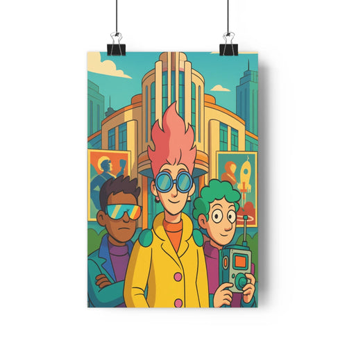 Poster personnages colorés cheveux roses lunettes bleues veste jaune caméra vintage affiches murales ciel bleu nuages blancs architecture moderne ambiance
