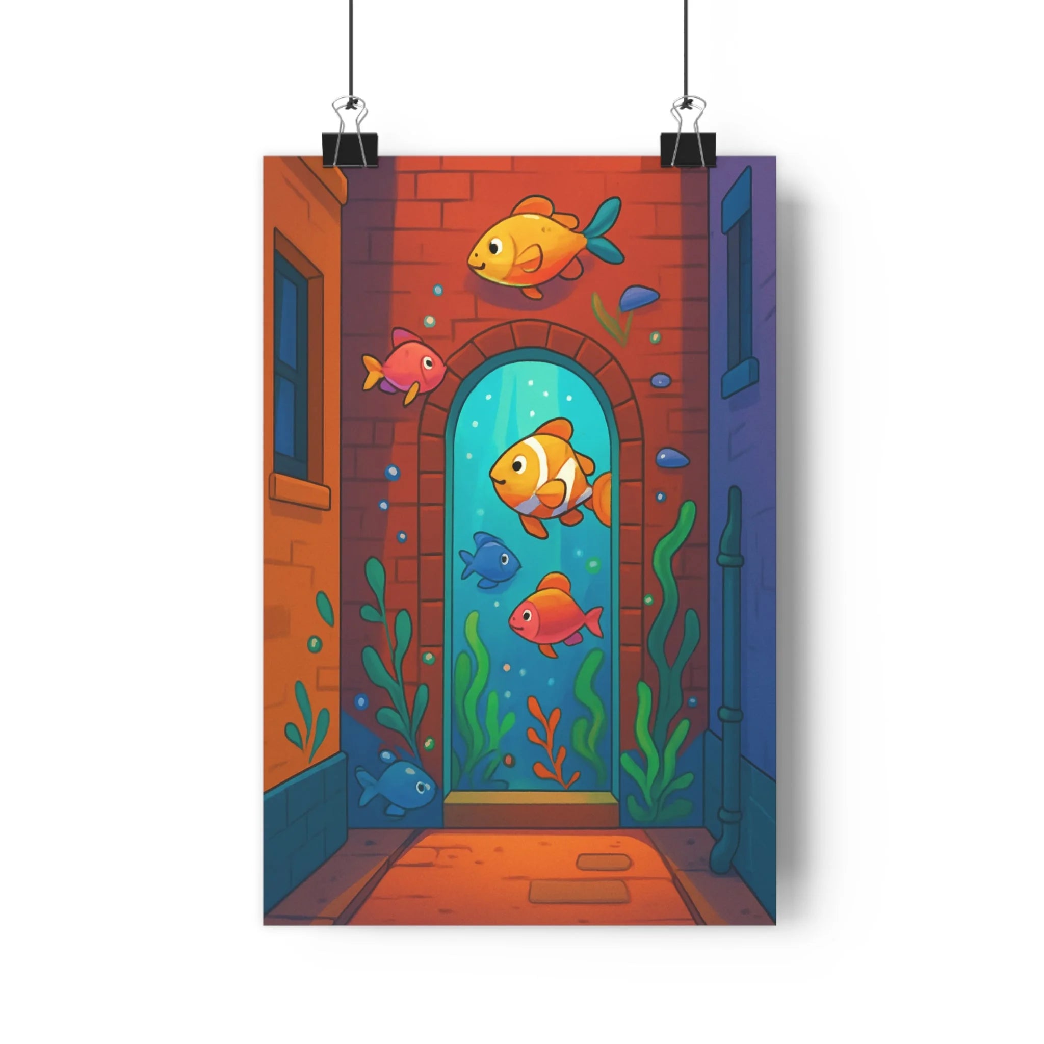 Poster décoratif cartoon bleu vert apaisant intérieur chambre salon fantaisie dessin animé unique 30x46