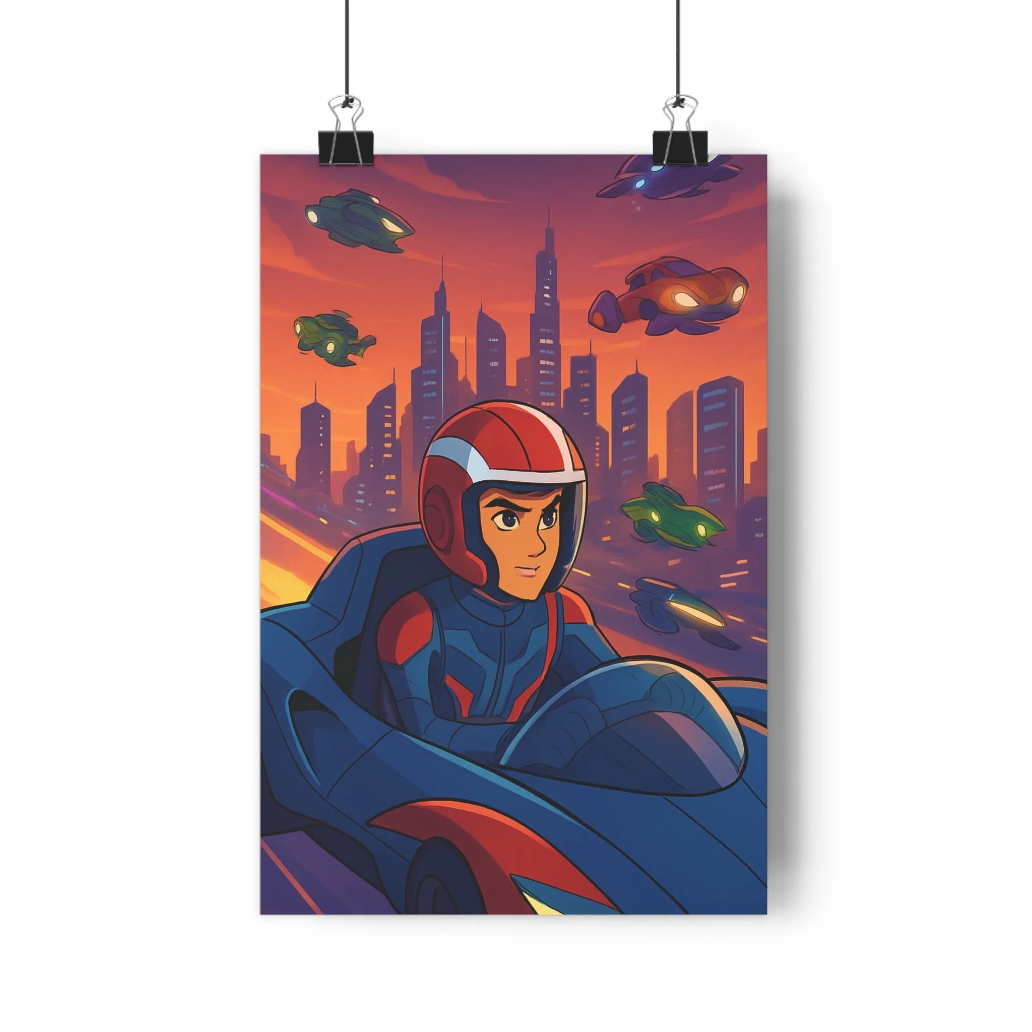 Poster décoratif animé voiture volant bleu rouge futuriste énergique chambre aventure moderne enfant garçon