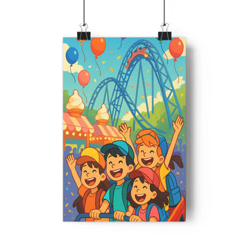 Poster enfants manège souriants ballons colorés ciel bleu glace cône crème glacée végétation luxuriante couleurs vives ambiance festive style cartoon