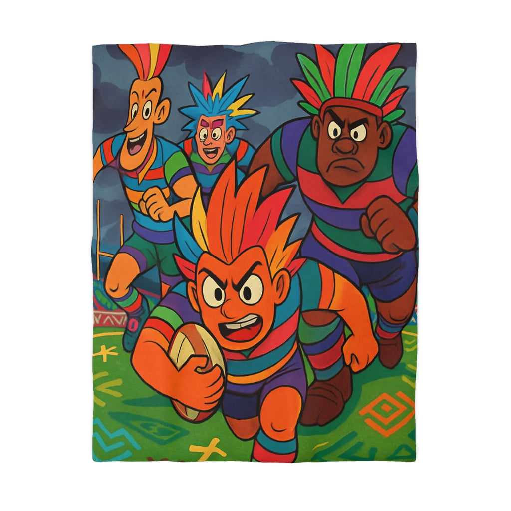 Parure de lit colorée avec joueurs de rugby en style bande dessinée pour enfant