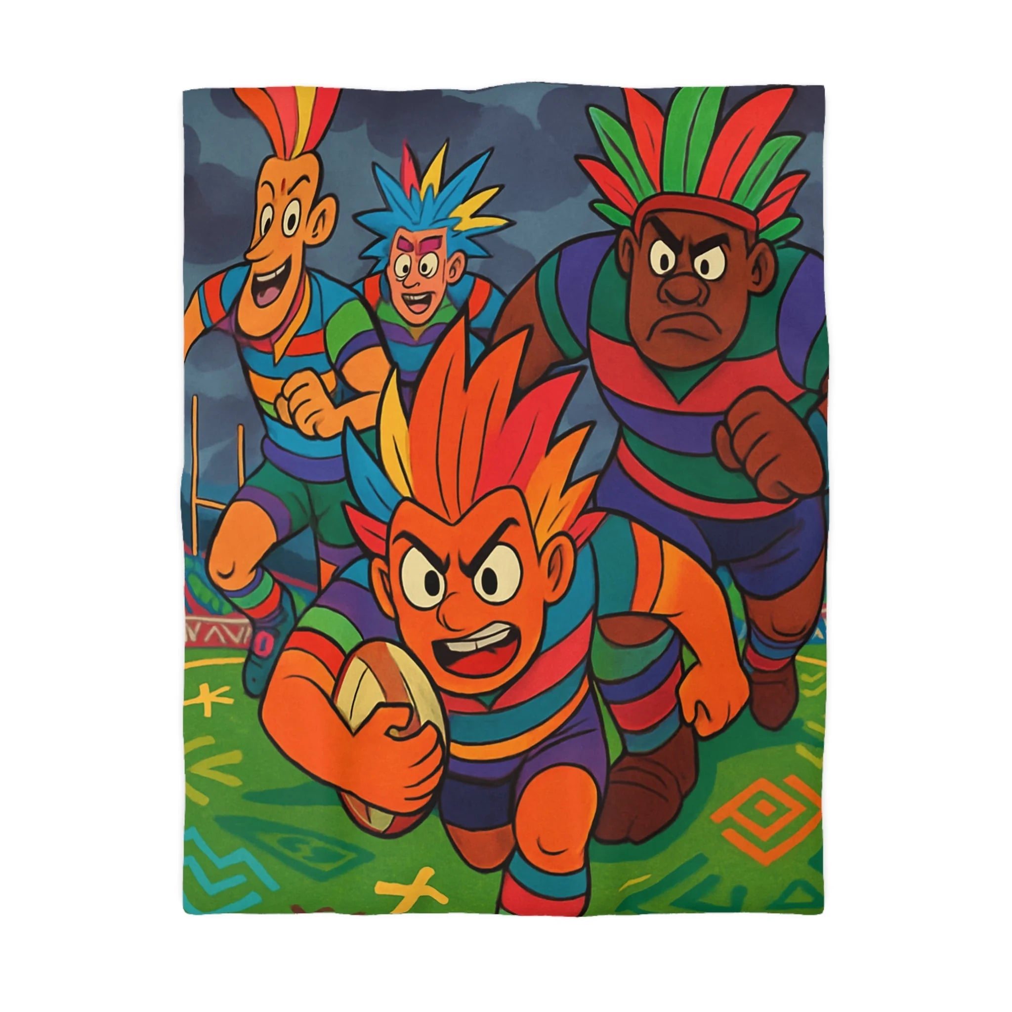 Parure de lit colorée avec joueurs de rugby en style bande dessinée pour enfant