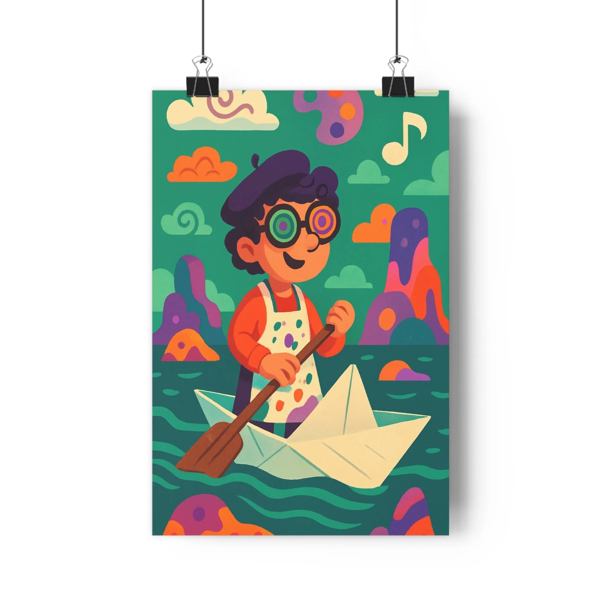 Poster décoratif cartoon coloré vert orange violet bleu chambre enfant ludique joyeux artistique fantaisiste