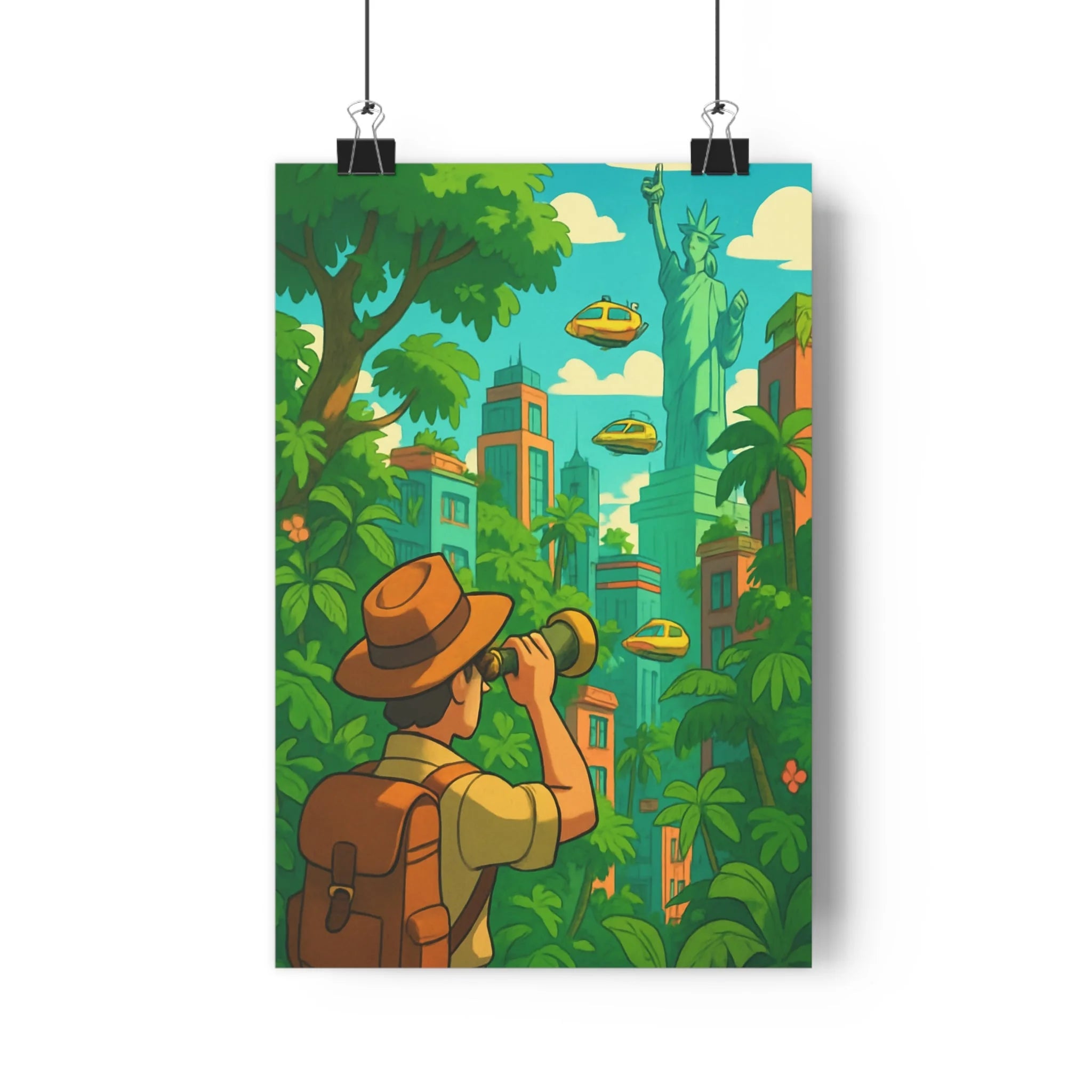 Poster décoratif jungle urbaine fantastique dessin animé vert bleu aventure moderne salon chambre qualité