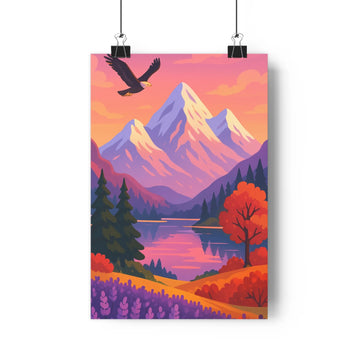 Poster majestueux montagnes neige aigle levée soleil rose violet champs lavande arbres feuillus conifères nuances automnales style net coloré salon