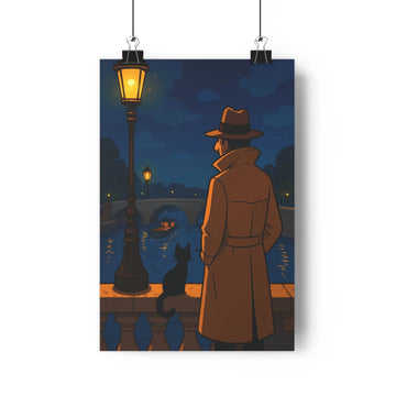 Poster homme manteau chapeau chat noir passerelle balustrade bleue lanterne nuit paris ambiance mystérieuse couleurs bleu marron style cartoon profondeur