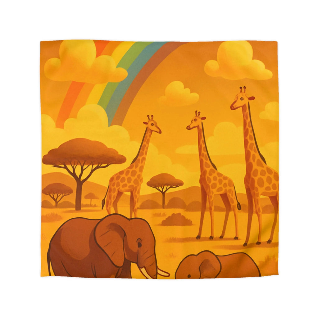 Housse de couette safari enfant avec éléphants, girafes et arc-en-ciel vibrant