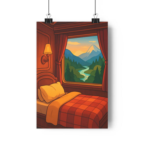 Poster confortable chambre lit carreaux rouge orange oreillers lampe murale fenêtre vallée montagne verte ambiance apaisante style simple coloré ombres
