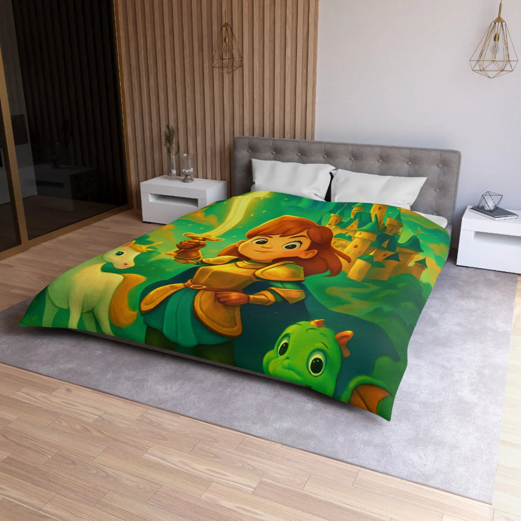 Housse de couette pour enfants avec chevalier, château et animaux fantastiques