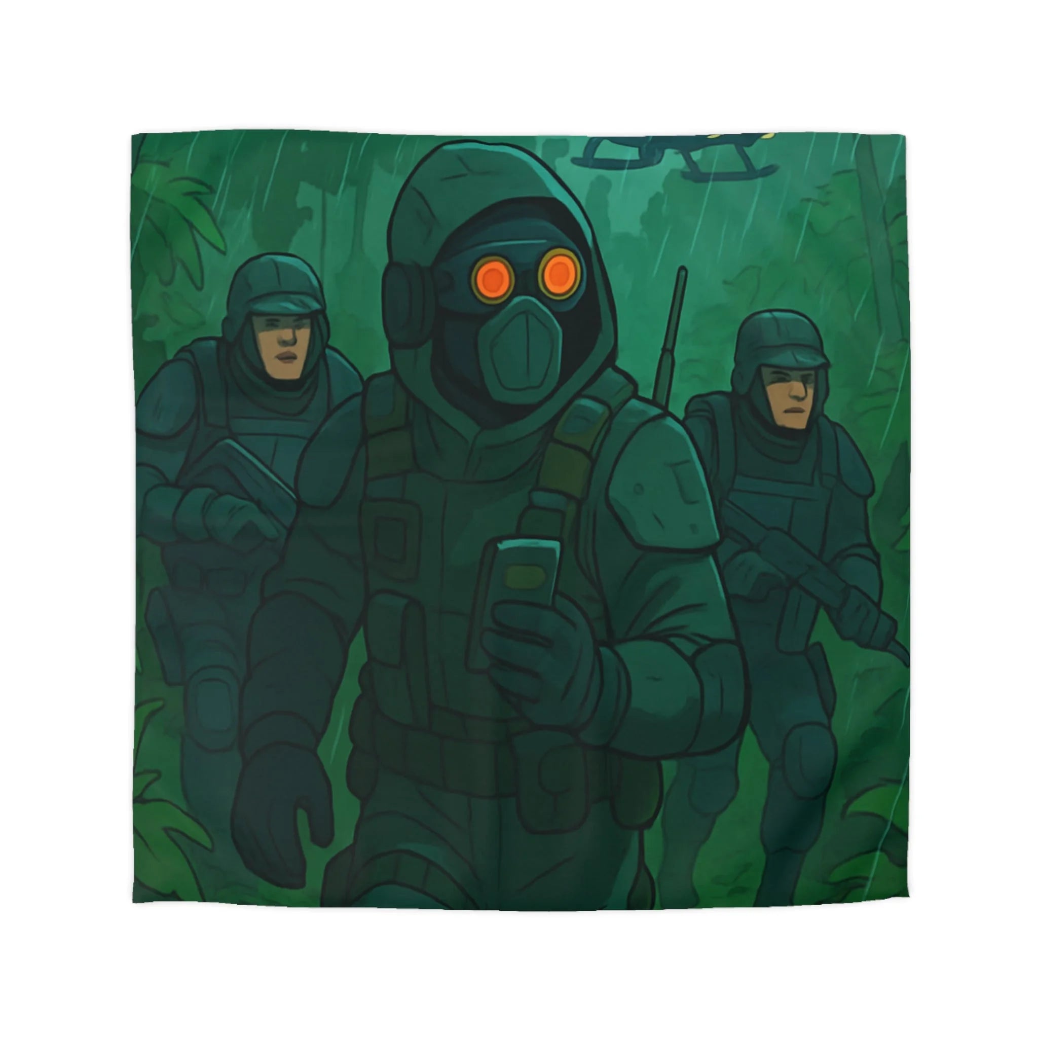 Housse de couette militaire style survie jungle avec soldats et hélicoptère en arrière-plan
