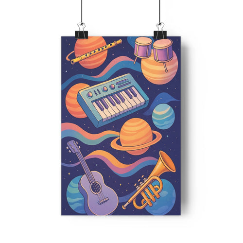 Poster musical espace planètes instruments couleur festive créative moderne populaire fluidelines ombres douces chambre salon
