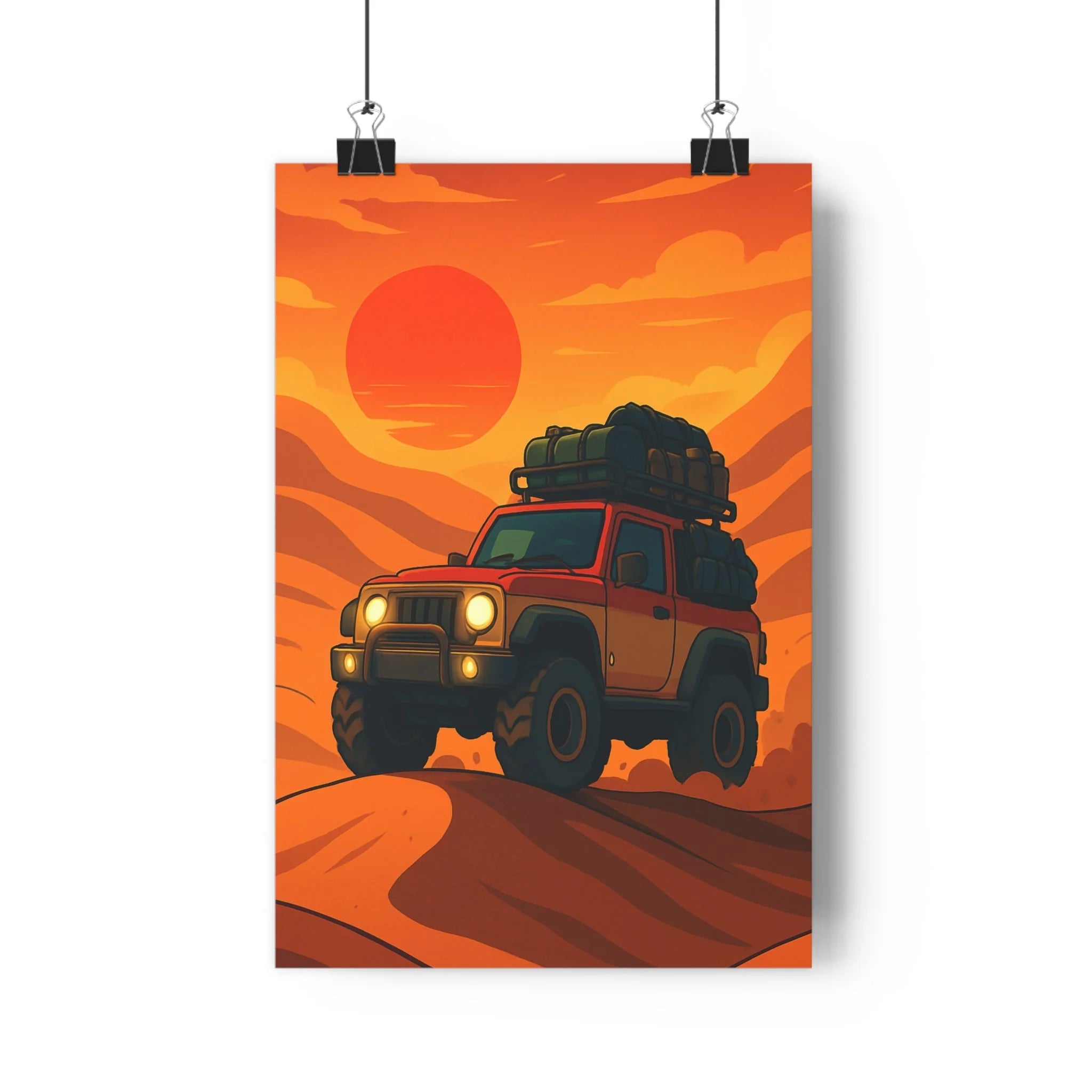 Poster décoratif aventure désert voiture cartoon couleurs chaudes intérieur évasion dynamique aventure style 30x46