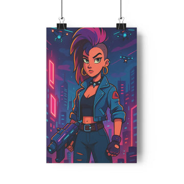 Poster femme futuriste néons roses bleus boucles doreilles arme ville moderne gratte ciel ambiance cyberpunk vibrant minimaliste salon chambre