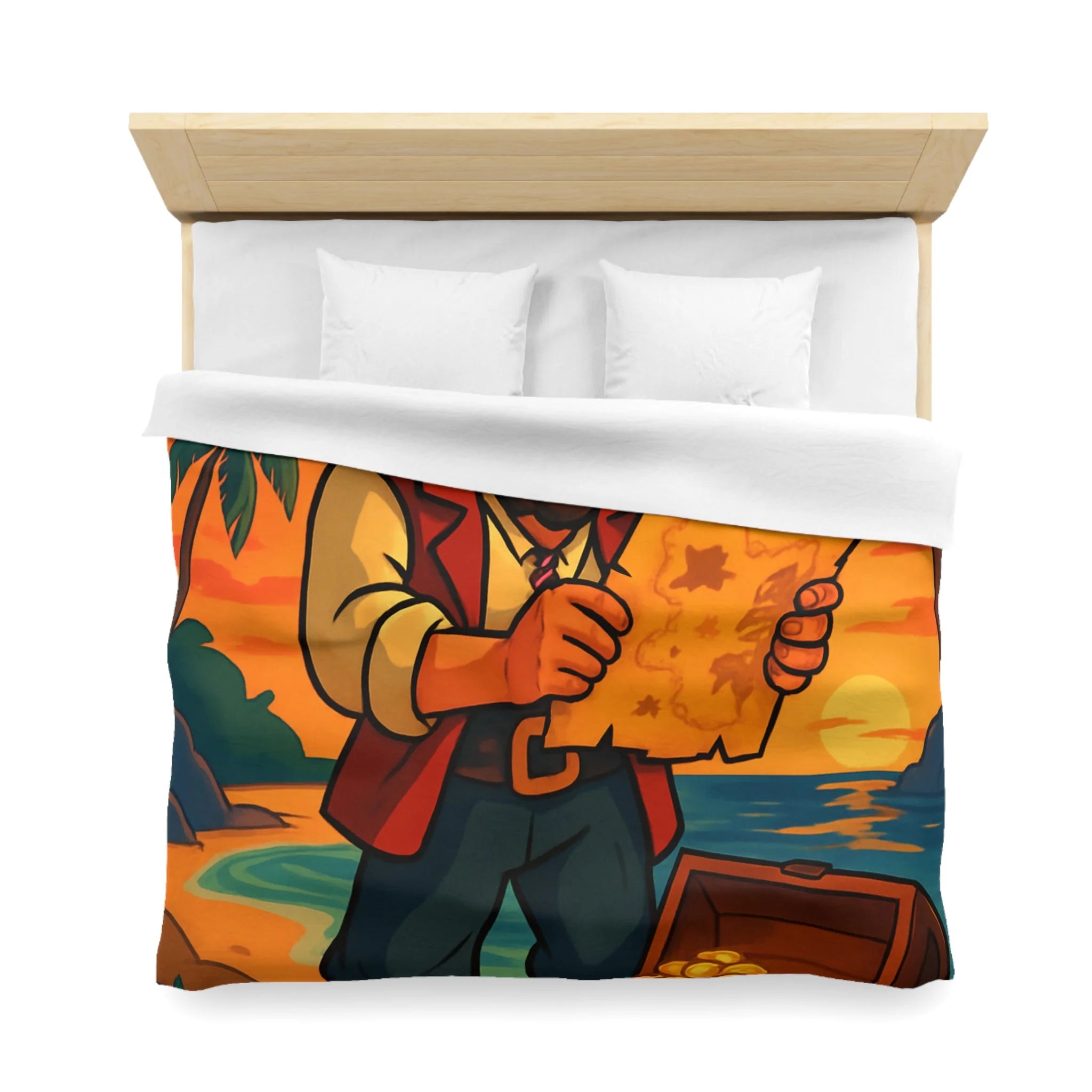 Housse de couette pirate avec coffre au trésor, carte ancienne et palmiers tropicaux